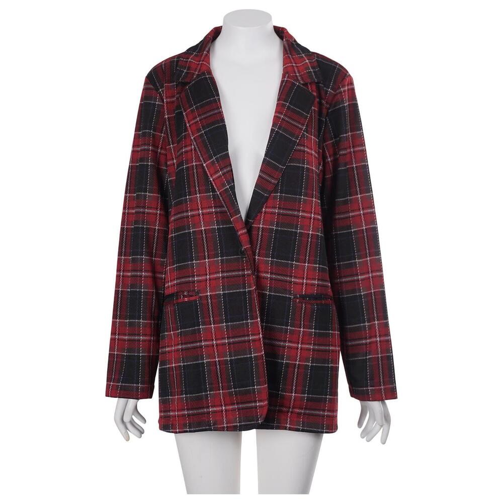 NWT Maurices Blazer L Red Plaid Stretch Pockets 1-Button Casual Jacket